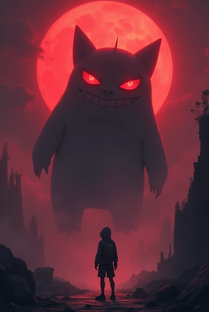 Gengar floating in the mist and Pokémon trainer with gore look,Highest image quality,Cinematic texture,A masterpiece,tmasterpiece,red night, red moon, smile and look, ruins of a city,