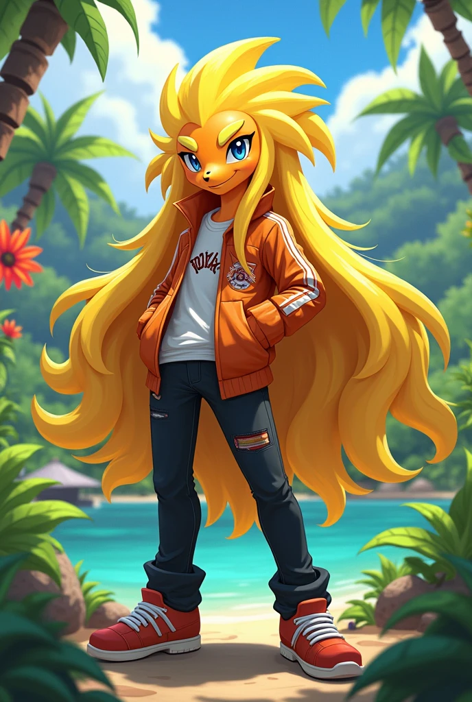 A Anthro Orange Flaeron With Yellow Long Haired Hair, Wearing Jacket And Black Jeans Pants, In Alola Background