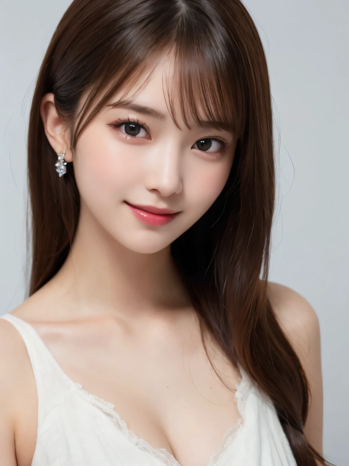 white background, half body portrait, bust shot, looks happy, smile, one girl, (a beauty girl, delicate girl:1.3), (20 years old:1.3), break, (white dress), break, very fine eyes, (symmetrical eyes:1.3), break, C cup breasts, brown eyes, parted bangs, brown hair, (smile), break, (eyes and faces with detailed:1.0), break, (masterpiece, best quality, ultra detailed, detailed face, 8k)