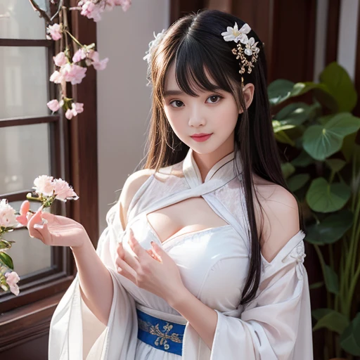 best quality, Delicate face,beautiful visual work, lifelike, eternity, black hair, Long curly hair, blunt bangs, Smile, Detailed Background, Delicate face,blush,cold,((masterpiece))、(top quality)、8k、high detail、Super detailed,21 years old female,身穿唐制Hanfu、waist skirt, Clothes are light and fluffy,Hanfu, wide sleeves, Transparent sleeves, Tunic, Clothes e of chiffon, masterpiece、born、Scenes resembling fairy tale illustrations、intricate details和複雜的設計、Beautifully、magic、capricious、 Beautifully、Dream aesthetics、「𝓡𝓸𝓶𝓪𝓷𝓽𝓲𝓬、ethereal、charming、fickle、magic」、realism、Visual effects、FXAA、SSAO、Shader、voiceless、ambient lighting、Tone mapping、High resolution、Ultra high quality、Million pixels、(8K resolution:1.10)、8k、8k以下、8K resolution、high detail、intricate details, (high quality:1.2、masterpiece:1.2、:1.21)、(21 years old female:1.21)、(興奮地Smile)、(被dream般的氛圍所包圍、Model diagram,full-body shot,Normal 2 feet,Put your hands behind you,The protrusion of the breast is visible when wearing clothes, Large Breasts, H cup chest, antiquity, Xian Xia, gauze clothes, Soft and fluttering, Fairy, dream, fantasy, light, Elegant, nature, Immortal, romantic, classical, ribbon,Chinese style, Chinese Valentine's Day theme