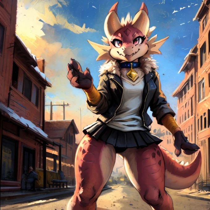 (((by Zackary911, by Kenket, by Kilinah))), solo female, bright pink skin, pink scales, huge oversized breast, thick thighs, (((pink Kobold)), (detailed pink kobold)) wearing a short black puffy jacket, black mini skirt showing white pantie, camel toe:1.6, gem on the collar, squirrel ears, pink kobold tail, front view, looking at the observer with a smug smile, perspective, finely detailed paws, full body, street style pose, random dynamic angle view, full body