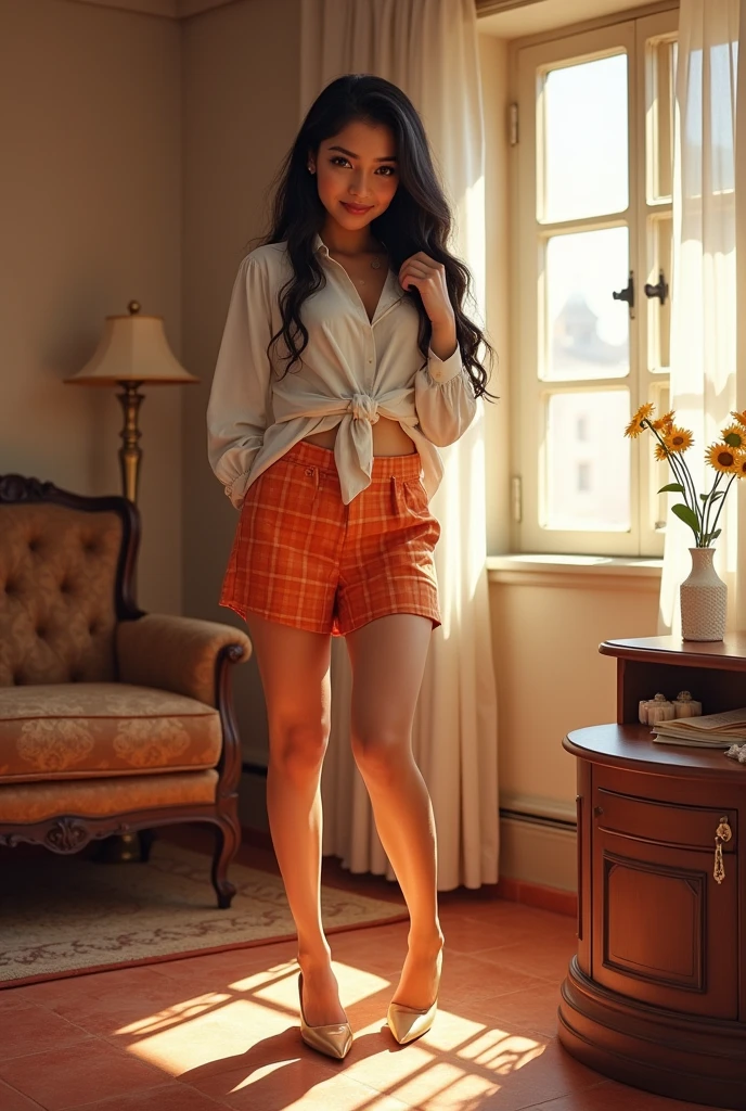 Illustrate a real image of a cheerful young Peruvian woman of 30 years old, short stature 1.40 meters, with a short orange checkered miniskirt, high glass shoes, in a hotel room in cusco