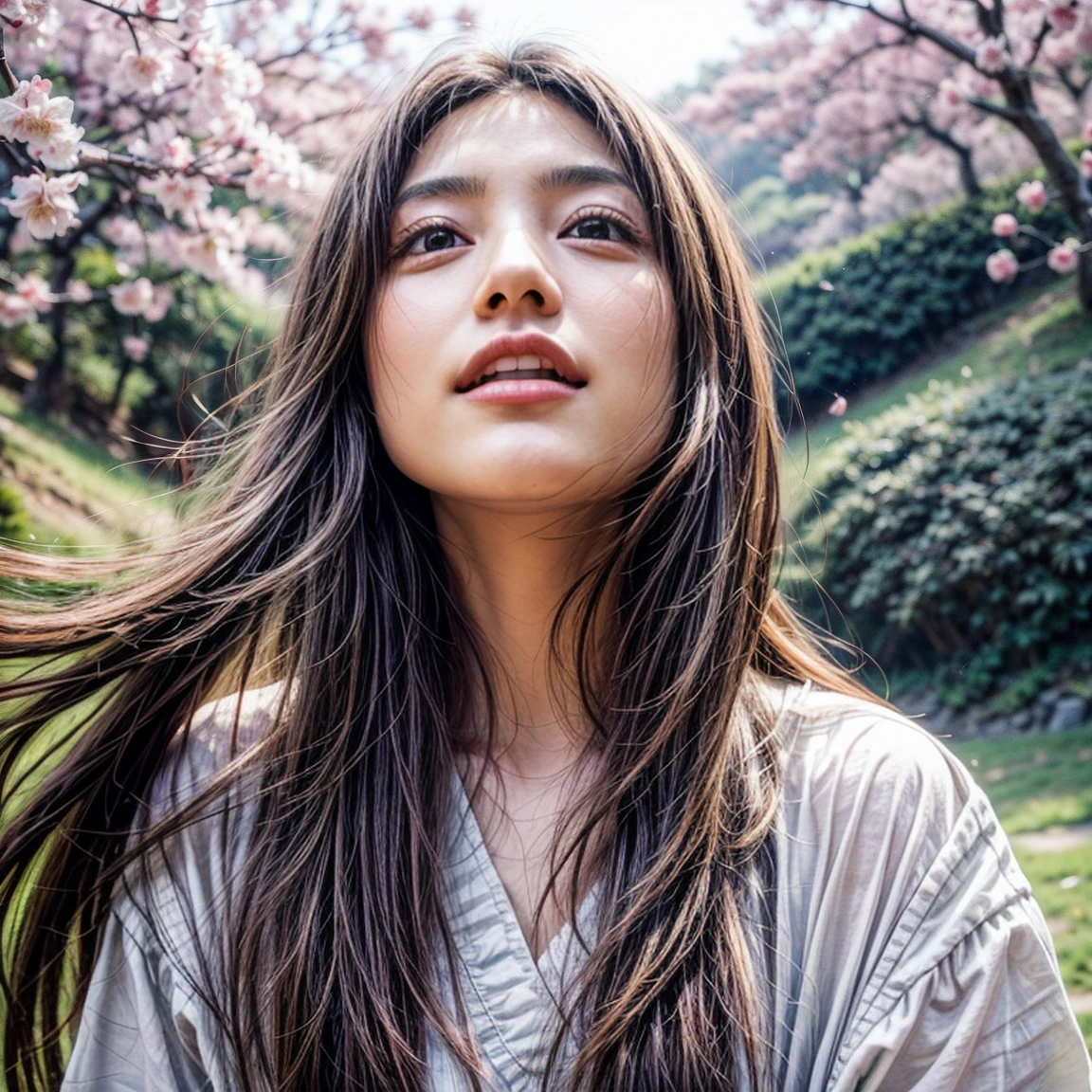 (Surrounding the camera、Panoramic group photo of female students looking down) . (Highest quality, High resolution, masterpiece, Realistic:1.2),(High resolution, Bright colors), Beautiful Face, Detailed facial features, take a picture, (close:1.3, View from below), Detailed Expression, Natural pose, Cherry blossom background with mist, Photon Mapping