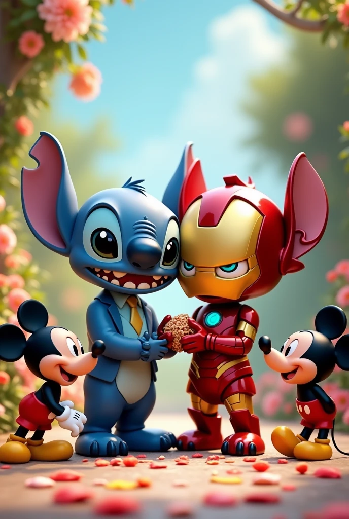 Stitch and Iron Man getting married while Mickey carries the rings and Pluto throws the flowers