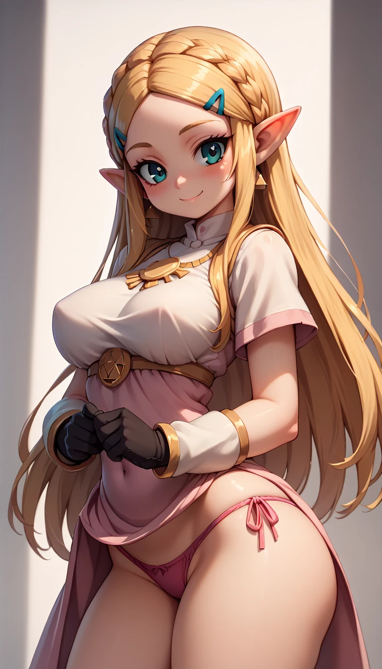 High resolution, Very detailed, perfect lighting, beautiful detailed eyes, ((masterpiece,Best Quality)), absurdities, alone, princess zelda, by the width, crown braid, Hair clip, pointy ears, Gloves without fingers, black gloves, smile, curves, nod, , deep neckline, deep neckline, short skirt, visible underwear, pink thong, touching her breasts in a sexy way, close up, disfraz de mucama sexy, disfraz de sirvienta sexy color negro, mirando hacia adelante
