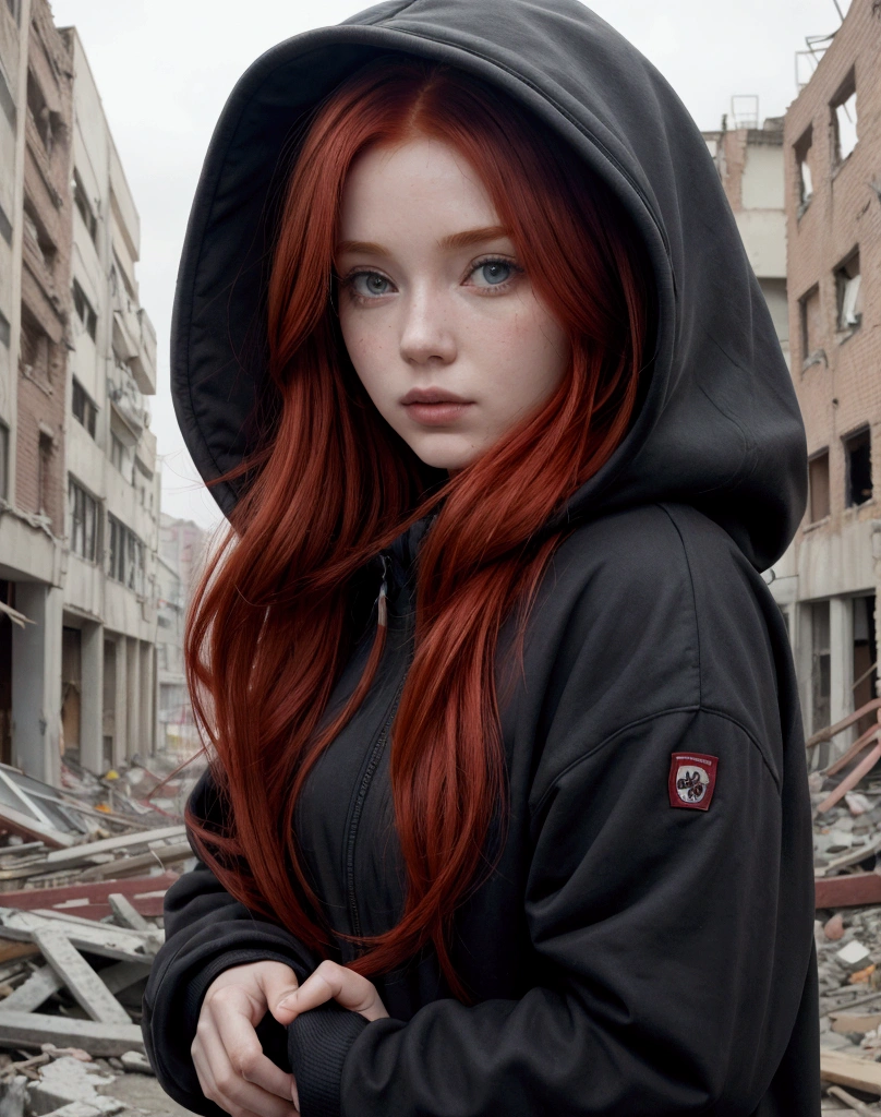 A red-haired woman in hooded clothing hiding her face in a destroyed city