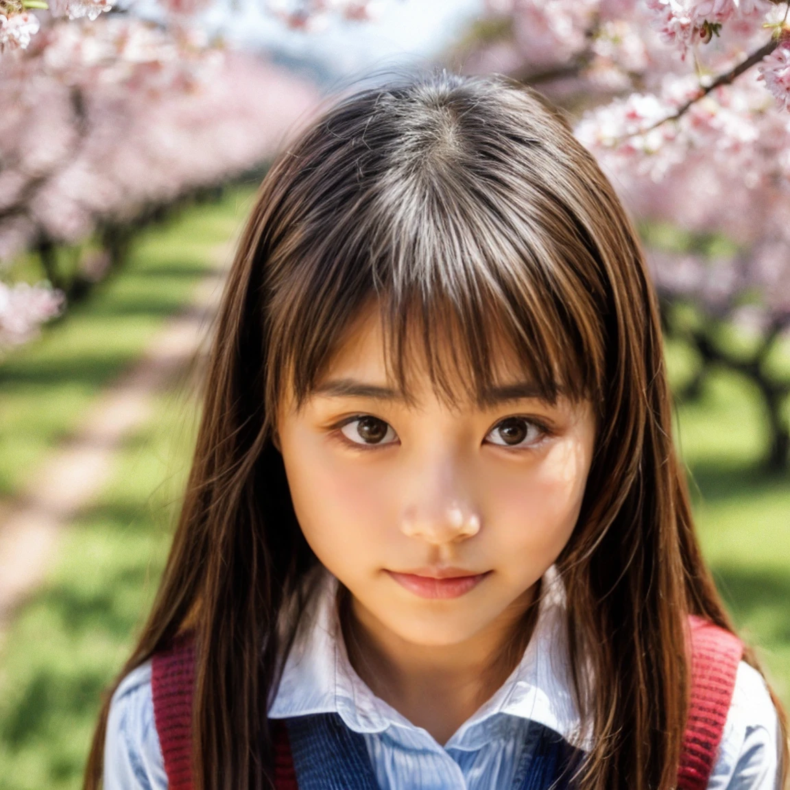 (Surrounding the camera、Panoramic group photo of female students looking down) . (Highest quality, High resolution, masterpiece, Realistic:1.2),(High resolution, Bright colors), Beautiful Face, Detailed facial features, take a picture, (close:1.3, View from below), Detailed Expression, Natural pose, Cherry blossom background with mist, Photon Mapping