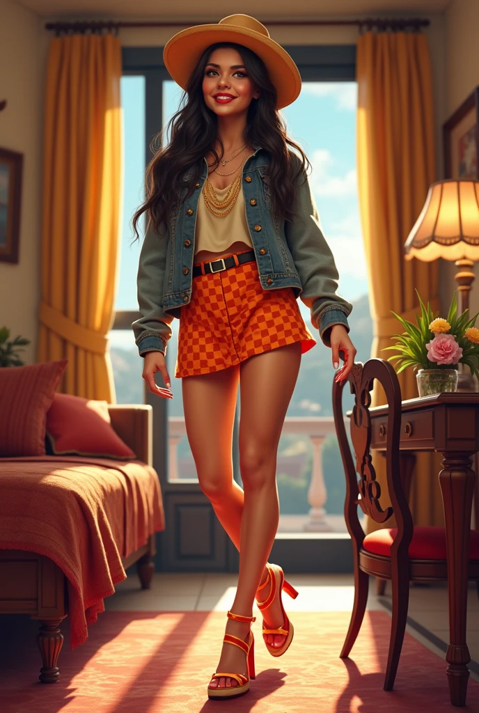 Illustrate a real image of a cheerful young Peruvian woman of 30 years old, short stature 1.40 meters, with a short orange checkered miniskirt, high glass shoes, in a hotel room in cusco