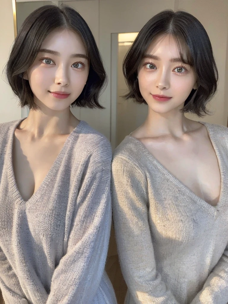 (masterpiece:1.3), (8k, Photoreal, Raw photo, best image quality: 1.4), Japanese high school girl、(random hairstyle:1.2)、cleavage:1.5、super detail face、eye for details、double eyelid、chest to chest、sharp focus:1.2、Beautiful woman:1.4、light brown hair、highest quality、masterpiece、超A high resolution、(Photoreal:1.4)、Highly detailed and professionally lit smiles、loose and light knitwear、shoulder out、thin、serious expression、short haired、deadly position
similar identical twins
All the girls have the exact same face, The two have the same face and figure, as if they were mirror images.