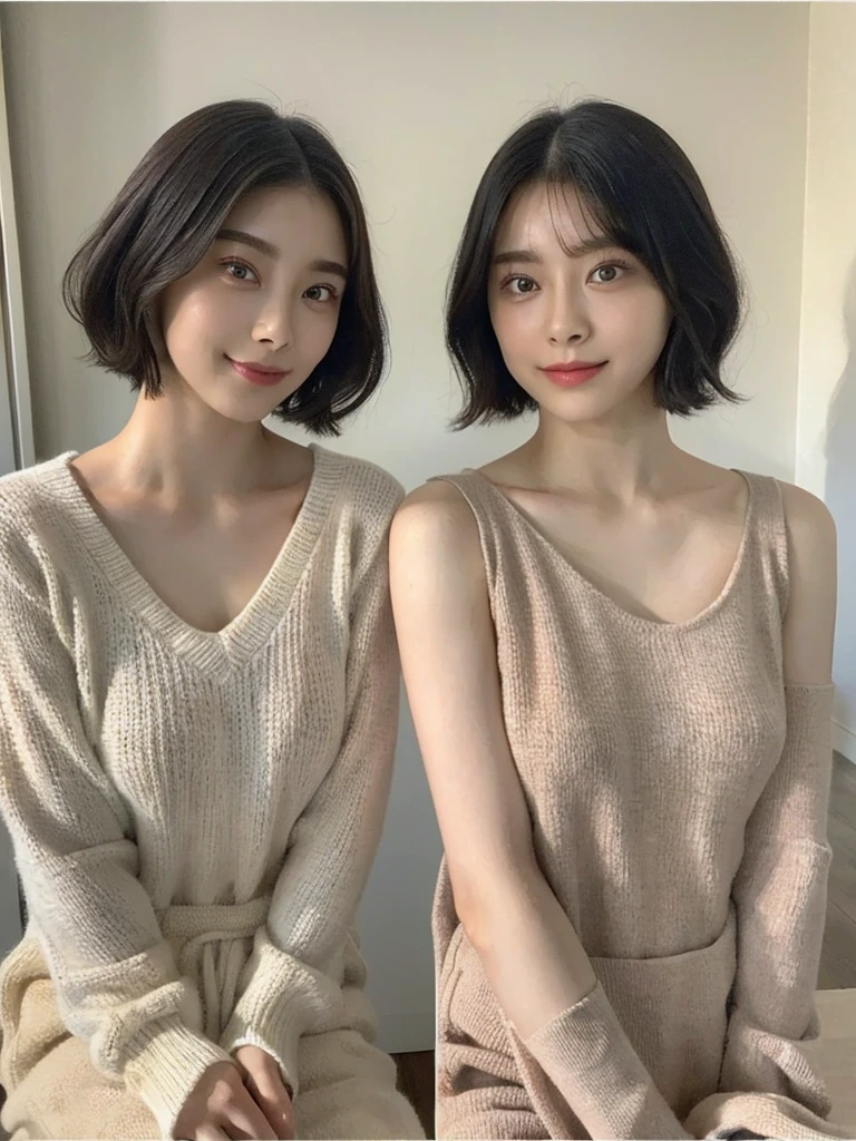 (masterpiece:1.3), (8k, Photoreal, Raw photo, best image quality: 1.4), Japanese high school girl、(random hairstyle:1.2)、cleavage:1.5、super detail face、eye for details、double eyelid、chest to chest、sharp focus:1.2、Beautiful woman:1.4、light brown hair、highest quality、masterpiece、超A high resolution、(Photoreal:1.4)、Highly detailed and professionally lit smiles、loose and light knitwear、shoulder out、thin、serious expression、short haired、deadly position
similar identical twins
All the girls have the exact same face, The two have the same face and figure, as if they were mirror images.