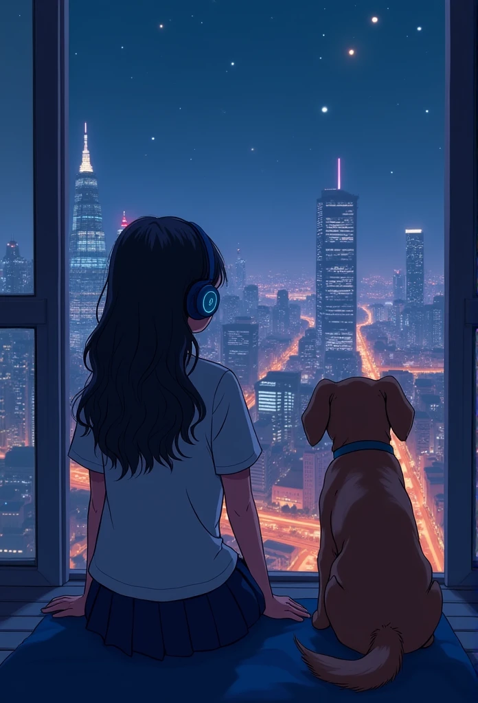 A girl sitting on the balcony , feeling and seeing the out view , focusing the city at night ,in the style of 2d game art ,chinstill 50, with headphones in the ear , linsting the song , night time, coloufull animation skills, with a dog sitting beside next to the girl