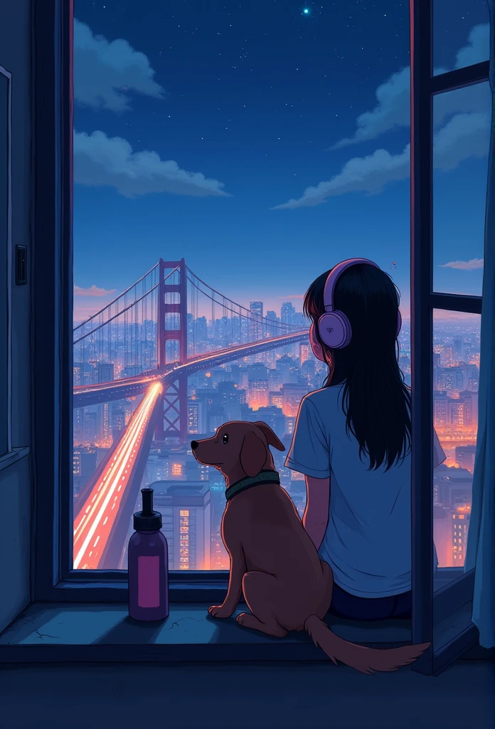 A girl sitting on the balcony , feeling and seeing the out view , focusing the city at night ,in the style of 2d game art ,chinstill 50, with headphones in the ear , linsting the song , night time, coloufull animation skills, with a dog sitting beside next to the girl