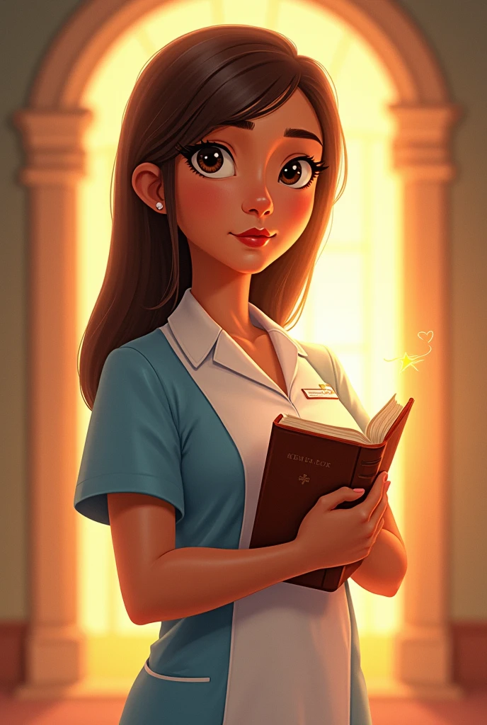 "Disney Pixar Inspiration CAROL A VIRTUOUS WOMAN AND A WOMAN OF FAITH A GREAT EXAMPLE OF A WOMAN AND MOTHER OF ANA ESTHER A WOMAN WITH LIGHT BROWN EYES LIGHT BROWN SKIN STRAIGHT BROWN HAIR WEARING A HOSPITAL NUTRITION PROFESSIONAL UNIFORM " holding the bible and God Blessing 