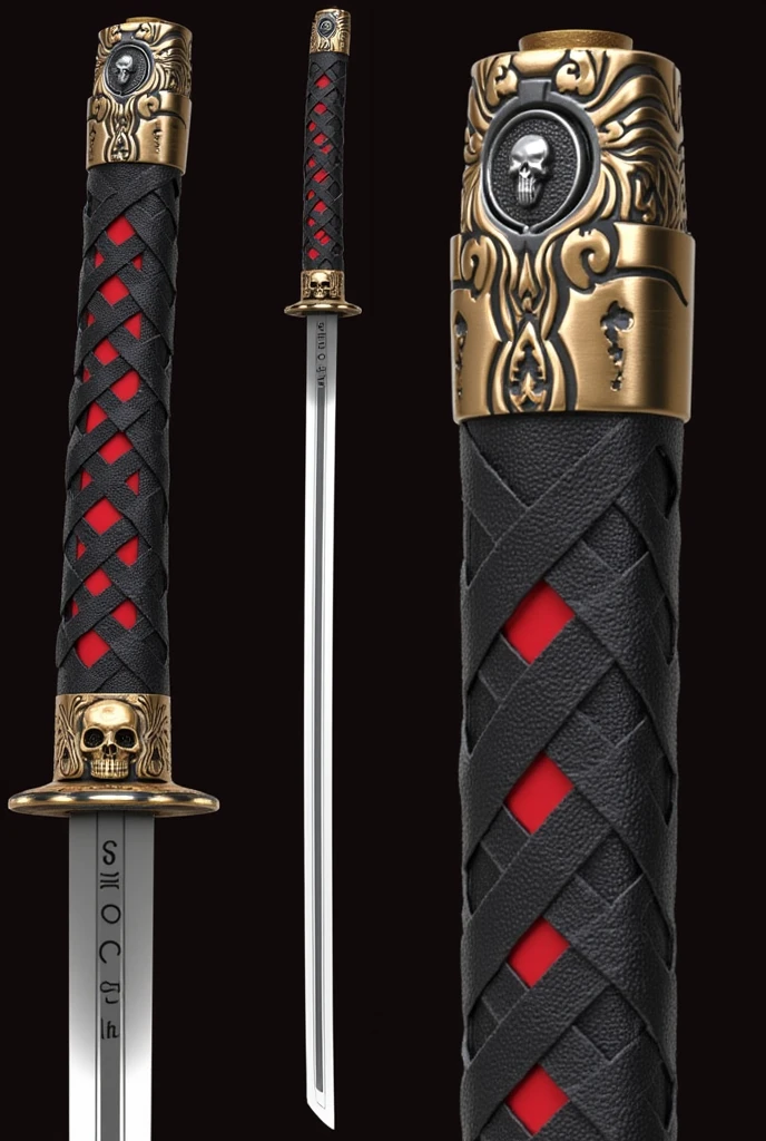 can you make a katana with this description
Katana Description: "Reikon no Yaiba"
Handle (Tsuka):
Length: Approximately 25 cm.
Material: The handle is wrapped in black leather with a rough texture for a firm grip.
Details: The leather is interwoven in a diamond pattern, revealing a dark red background underneath. At the end of the handle, there is a skull engraved that marks the position of the hidden selector. The selector has small numbers inscribed in black, from 0 to 11, with the number 11 accompanied by a skull.
Guard (Tsuba):
Shape: The guard is oval-shaped, with intricately carved edges in a pattern of intertwined flames and waves, representing the fire and water elements that Hikari controls.
Material: e of dark steel, with golden details on the flames and silver on the waves.