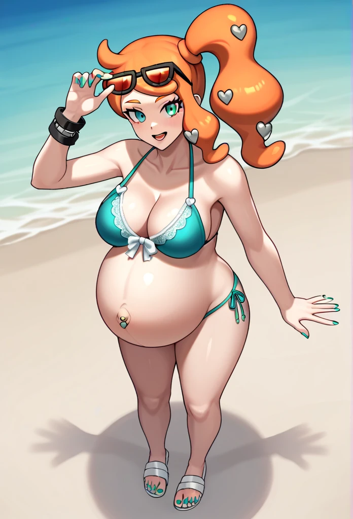 score_9, score_7_up BREAK solo,EPpkSonia,orange hair, side ponytail, aqua eyes, long hair, eyewear on head, sunglasses, heart hair ornament, aqua bikini, pregnant , big belly, Belly button piercing, cleavage, bracelet, collarbone, blue panties, nail polish, aqua nails, aqua toenails, Background beach, Posing, happy, White sandals, Rubbing belly, lace robe, maternity robe, big breasts