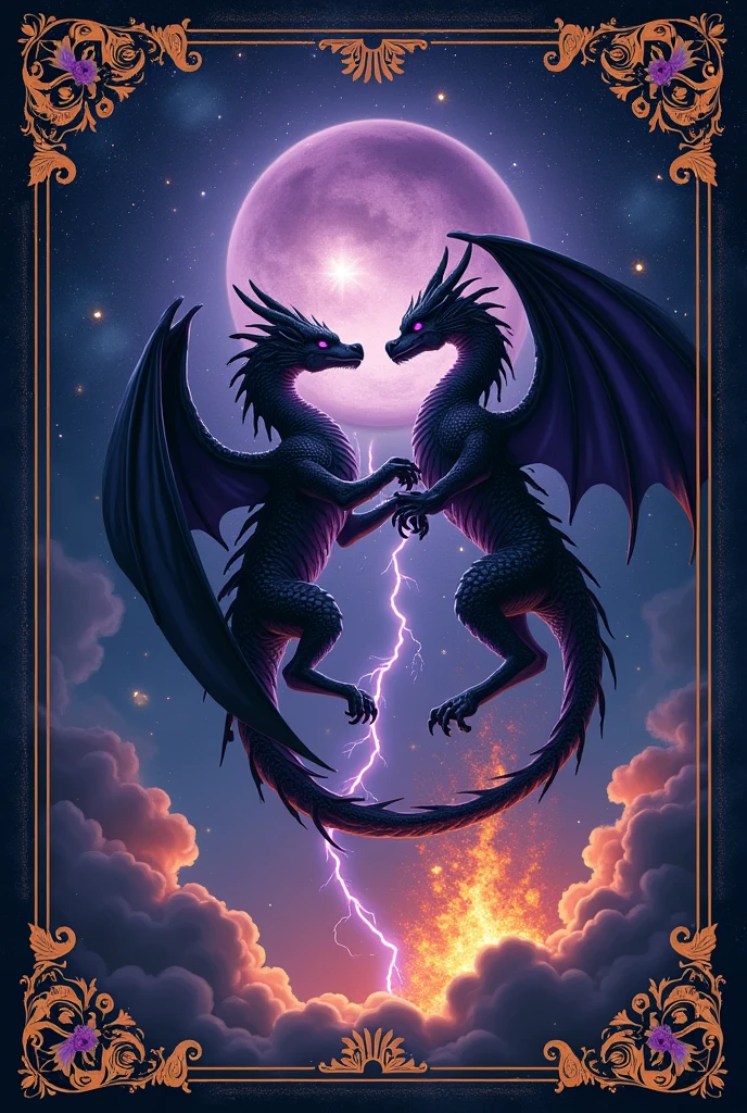 a cover for a diary in the style of Rebecca Yarros' Bloodwings book containing two dragons, A black dragon like the color of the night and the other dragon that is black with violet touches on the scales, grey storm lightning in the air, Flames at the feet with clouds and a starry sky with very golden touches on the stars and the frame, and have violets