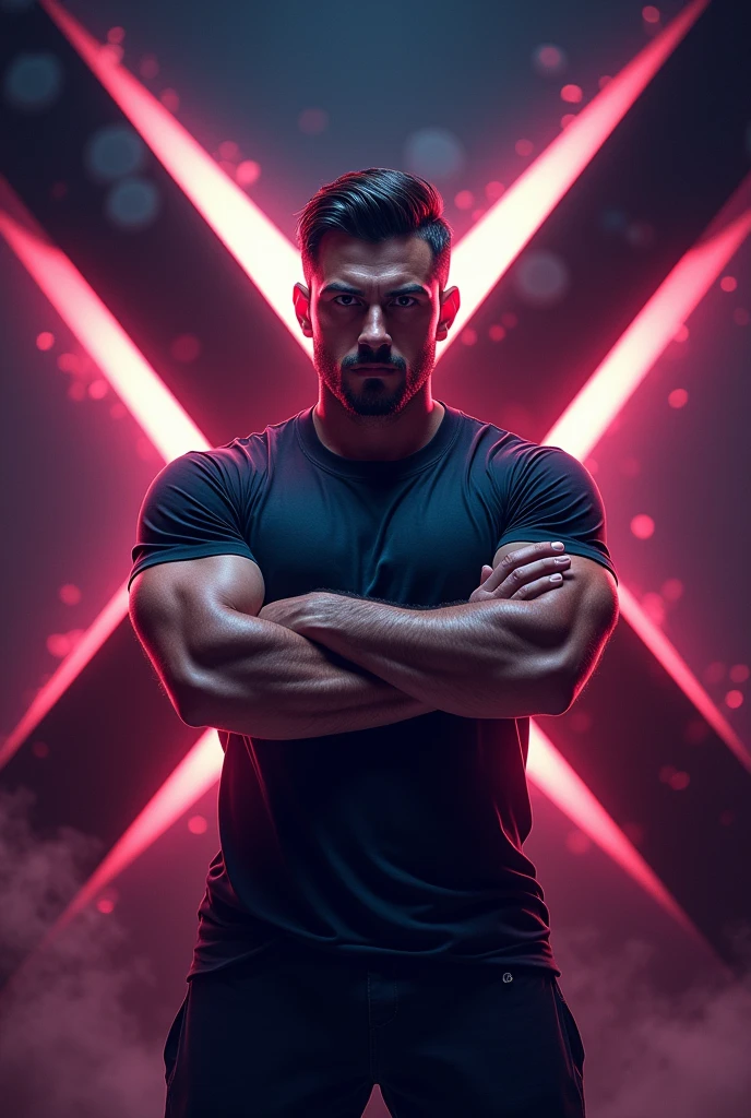 Man with crossed arms and a large X behind him, gamer sport logo style