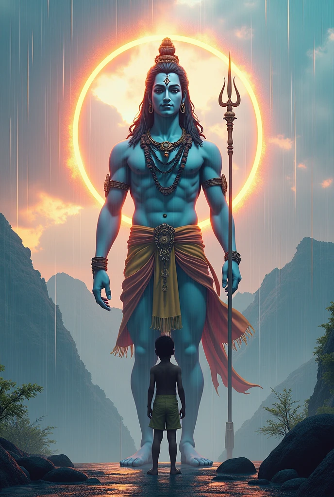 "Create a highly detailed 3D render of Lord Shiva, depicted with a peaceful expression, standing tall with his traditional attributes like the trident (Trishul), crescent moon, and snake. He should have a radiant aura around him, representing divine light. Behind Lord Shiva, include a rainbow, with rain gently falling around him. In front of him, include a young boy dressed in traditional Indian attire, looking up at him with admiration and affection. The background should be a surreal landscape with mountains, clouds, and glowing light, creating a divine atmosphere."