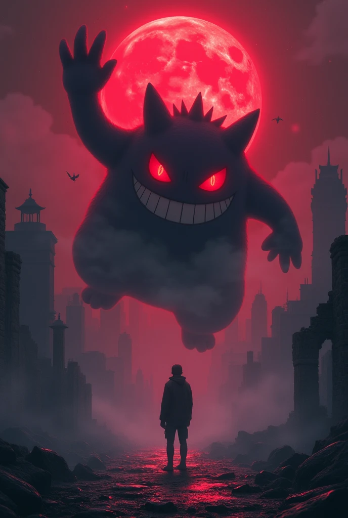 Gengar floating in the mist and Pokémon trainer with gore look，Highest image quality，Cinematic texture，A masterpiece，tmasterpiece，red night, red moon, smile and look, ruins of a city, 