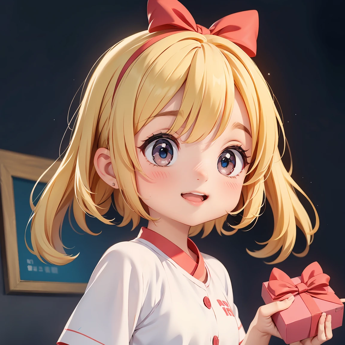Super Chibi Character：1.8、Blonde Hair、Cute 7 year old girl、Cheerleader Outfits、Super Chibi Character：1.8、smile、Super Smile、Red ribbon boxを持っている、Red ribbon boxを両手で持っている、Looking at this、Red ribbon box