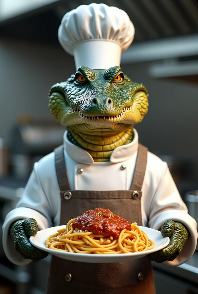 Crocodile in chef&#39;s suit and holding a plate of noodles with Bolognese sauce