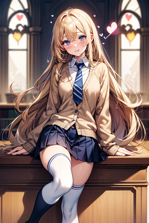 Browsing Caution,(Highest quality, 8k, masterpiece:1.3,beautiful girl), (Very detailed)Glowing Skin,(((Long Hair,blonde,Beautiful Hair))),(Perfect Anatomy, Anatomically correct, Very detailed肌),((Golden Eyes)),((Perfect Fingers,Five Fingers)),((Light blue collared shirt, Navy pleated mini skirt, socks, Navy tie, Light brown cardigan, White knee socks)), Pink Panties, School,library, Knee-high socks, Dynamic Angle,(((Vulgarity))),Embarrassed expression,Knee-high socks on both feet,Hold your crotch,Angle from below,Great style,Love juice overflowing from pussy,Lick your lips with your tongue,Double teeth,Drooling,(((Heart symbol on eye))),I'm Climax,Body-trembling ecstasy,Infatuated,Big Breasts,Big Ass,Peace sign with both hands,Thin pubic hair,Plump body,deep throat,Big hearts in the pupils,Licking the glans
