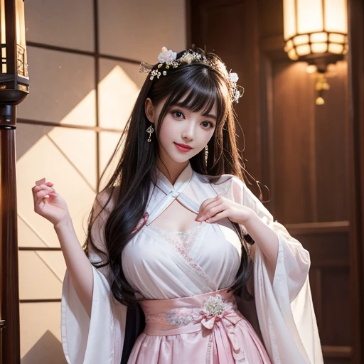 best quality, Delicate face,beautiful visual work, lifelike, eternity, black hair, Long curly hair, blunt bangs, Smile, Detailed Background, Delicate face,blush,cold,((masterpiece))、(top quality)、8k、high detail、Super detailed,21 years old female,身穿唐制Hanfu、waist skirt, Clothes are light and fluffy,Hanfu, wide sleeves, Transparent sleeves, Tunic, Clothes made of chiffon, masterpiece、born、Scenes resembling fairy tale illustrations、intricate details和複雜的設計、Beautifully、magic、capricious、 Beautifully、Dream aesthetics、「𝓡𝓸𝓶𝓪𝓷𝓽𝓲𝓬、ethereal、charming、fickle、magic」、realism、Visual effects、FXAA、SSAO、Shader、voiceless、ambient lighting、Tone mapping、High resolution、Ultra high quality、Million pixels、(8K resolution:1.10)、8k、8k以下、8K resolution、high detail、intricate details, (high quality:1.2、masterpiece:1.2、:1.21)、(21 years old female:1.21)、(興奮地Smile)、(被dream般的氛圍所包圍、Model diagram,full-body shot,Normal 2 feet,Put your hands behind you,The protrusion of the breast is visible when wearing clothes, Large Breasts, H cup chest, antiquity, Xian Xia, gauze clothes, Soft and fluttering, Fairy, dream, fantasy, light, Elegant, nature, Immortal, romantic, classical, ribbon,Chinese style, Chinese Valentine's Day theme