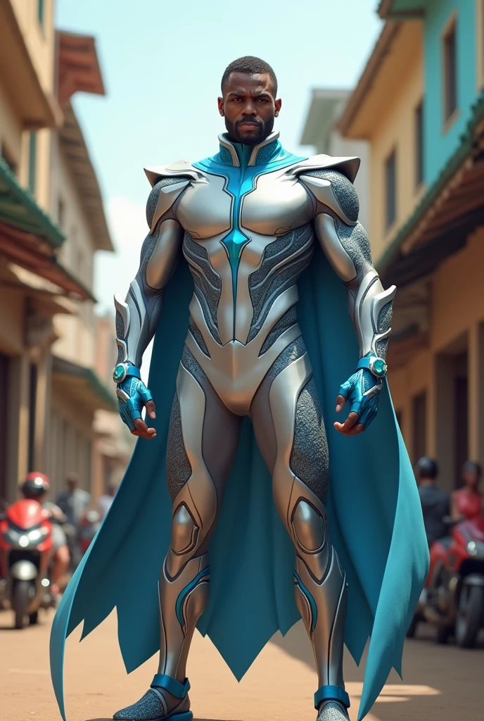 African male superhero wearing a morning dove superhero suit standing in the streets of Ghana