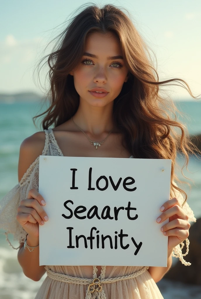 Beautiful girl with wavy long hair, bohemian dress, holding a white board with text "I Love Seaart Infinity" and showing it to the viewer