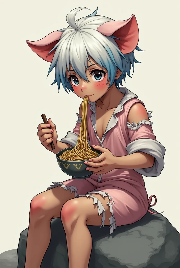 Beautiful boy with white and blue hair and brown skin, succulent and sexy and very sensual curves, rather sloppy pig cosplay with torn suit, face and facial features delicate and a little rustic and clearly blushing, very detailed, 8K, riding on a rock eating soba, a yaoi work. anime teacher