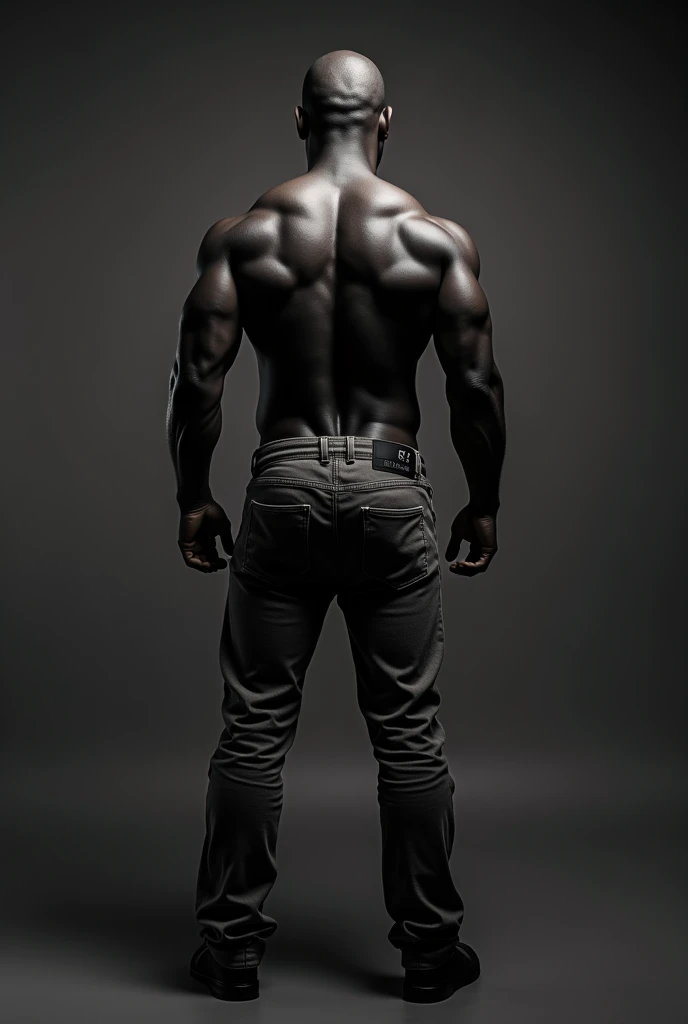 Black muscular man, with Penile bulge showing through the pants, On your back, looking back, big butt