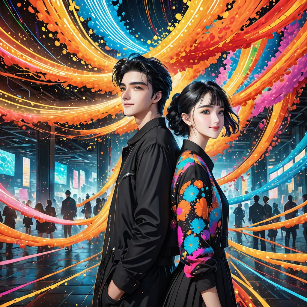 Highest quality, 4k wallpaper, 8k, ultra-high resolution, masterpiece, highly detailed CG, highly detailed eyes, ultra-detailed, complex details, public, 1:1, one 19-20 year old woman (long black hair, slim) and one 19-20 year old man, a lonely woman and man standing back to back in the center, a shy and lonely woman looking up as they stand back to back, neon pop abstract art style, abstract plant art, public, highly detailed flow of bubbles, dynamic art, cinematic lighting,"In a vibrant neon-lit room, a human and a personified AI work together to create music. The human, a smiling man, is at the center, enjoying the public space, adjusting sound controls with a relaxed expression. The AI, depicted as a humanoid figure with glowing circuits and a futuristic appearance, is playing an electric instrument with precision. The background is filled with dynamic, pop-colored bubbles that move energetically, adding a lively atmosphere. Very fine bubble streams and gently moving chains further enhance the dynamic environment. The entire composition is in a neon pop abstract art style, with intricate patterns and vibrant colors. The image should be highly detailed, with a very fine grain texture, resembling a masterpiece in 4K resolution."