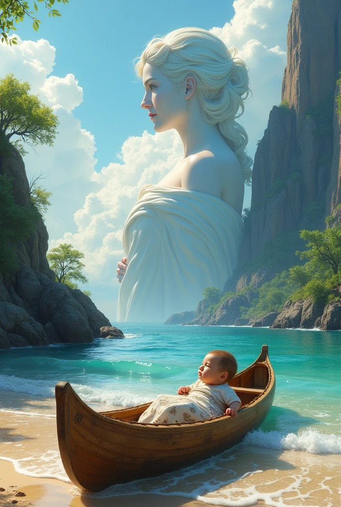arrives in a canoe at the island beach and the silhouette of the goddess Athena looks at them from the sky