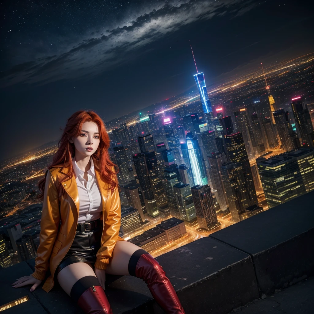A stunning and vibrant anime depiction of a woman named Arcy´s girl. She has long, flowing red-orange hair and wears a stylish, modern outfit with a high-collared jacket and knee-high boots. Ivette's eyes are large and expressive, with a hint of a determined gaze. The background whit the text Arcy´s girl showcases a bustling urban cityscape with towering skyscrapers, neon lights, and a glittering night sky.
