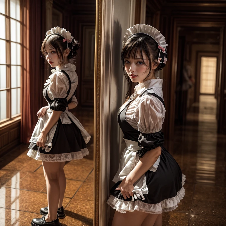 (Extremely Detailed((Kawaii Maid Group in a row:1.37))), Childish perfect face, Reflective Eyes, Detailed(Delicate Clothing textures), Dynamic Joyful Expressions LifeLike Rendering, (Specular Reflection:1.2), TopQuality 8K Ultra-detailed masterpiece (ProfessionalPhoto:1.37), (Acutance:0.8), (Luminism:1.28), (Renaissance art style), (Light particles:0.75), (Muscle:-0.5), ((Full body from side)), SkirtLift (Show white panties), glossy floor, Radiant Pearl Skin with Transparency