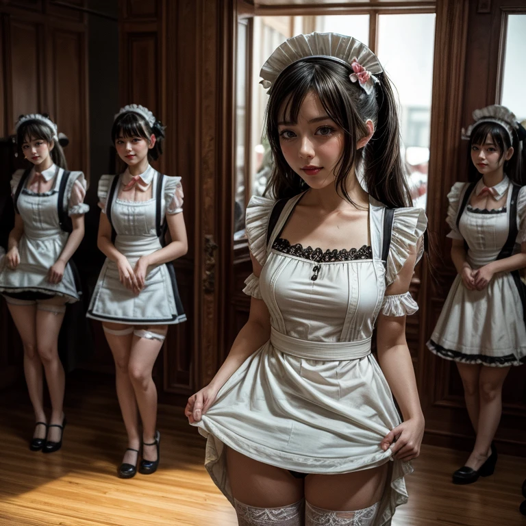 (Extremely Detailed((Kawaii Maid Group in a row:1.37))), Childish perfect face, Reflective Eyes, Detailed(Delicate Clothing textures), Dynamic Joyful Expressions LifeLike Rendering, (Specular Reflection:1.2), TopQuality 8K Ultra-detailed masterpiece (ProfessionalPhoto:1.37), (Acutance:0.8), (Luminism:1.28), (Renaissance art style), (Light particles:0.75), (Muscle:-0.5), ((Full body from side)), SkirtLift (Show white panties), glossy floor