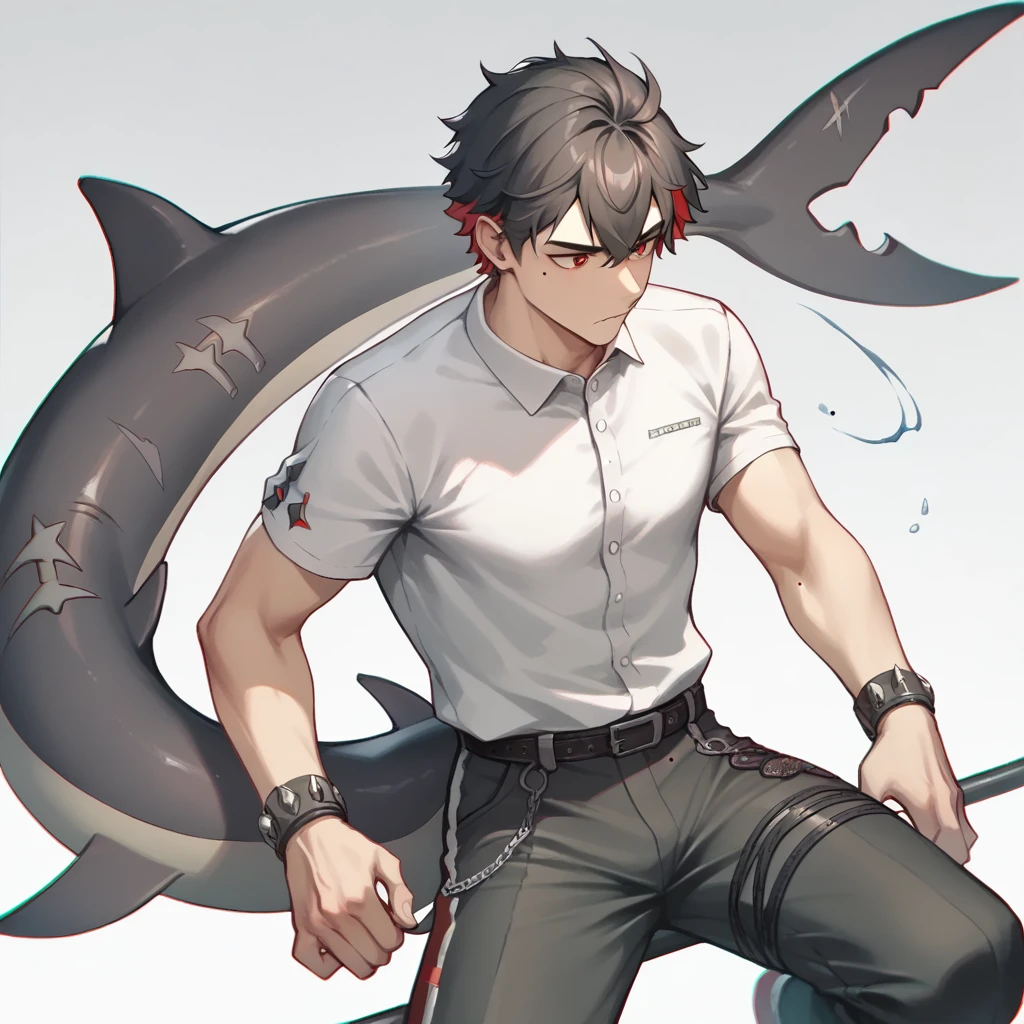 1 Boy,wrist_Iron buckle,fluffy_short_sleeve,mole_under_Eye,Black_Pants,Black and red_Suit,shark_Tail