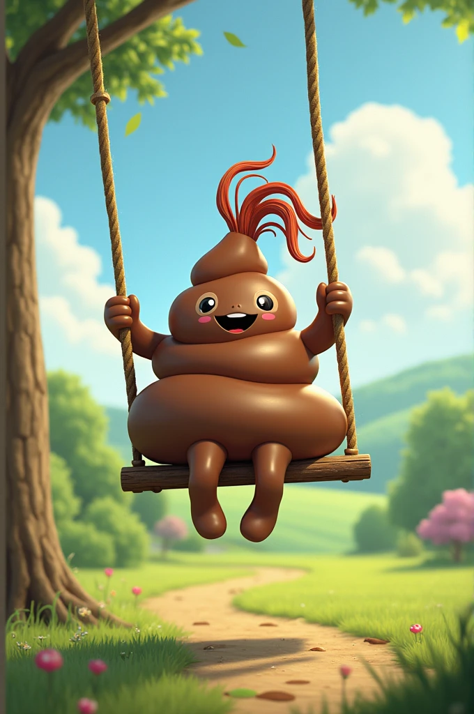 A poop with hair on a swing