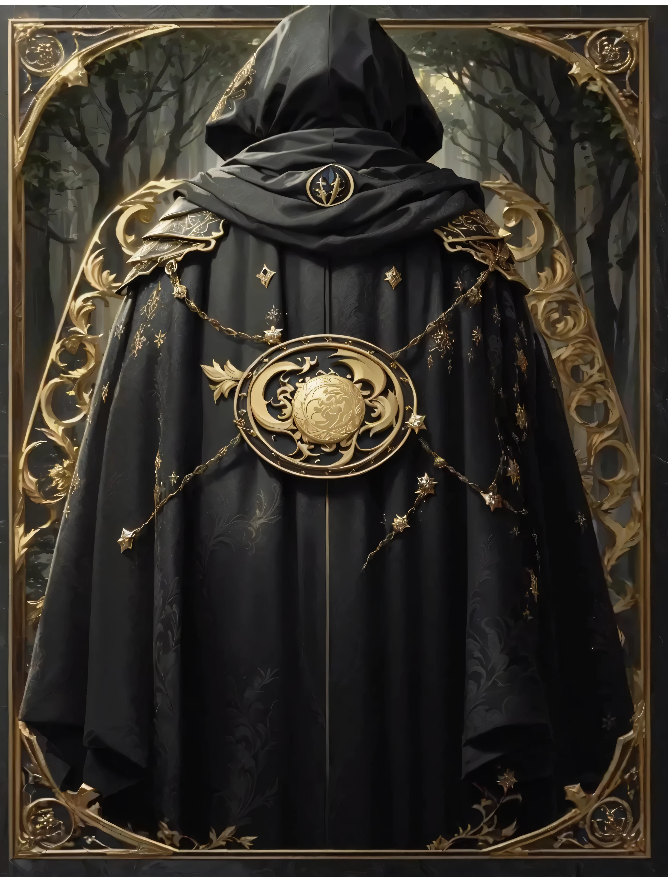 arafed image of a man in a black capa and a gold medallion, ornate capa, capa. detalhes extremamente altos, em vestes escuras com detalhes dourados, a black capa, dark capa, black capa, detailed gothic capa, por Yoann Losel, vantablack capa, wearing a luxurious capa, armadura preta e dourada, armadura preta e dourada