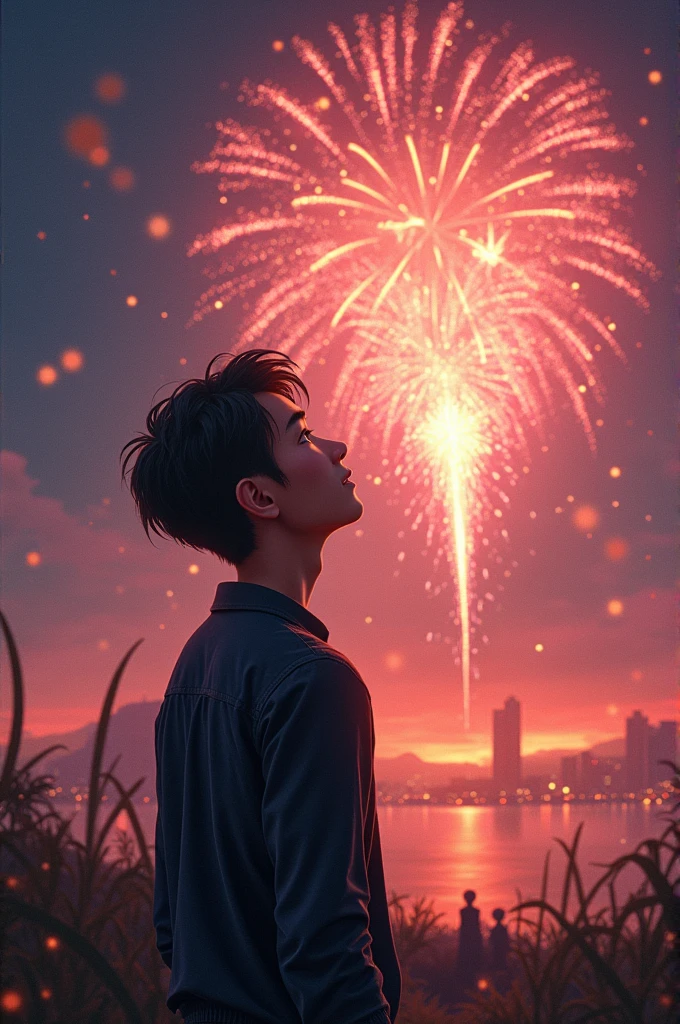 A man watching fireworks, donghua style, cinematic , professional