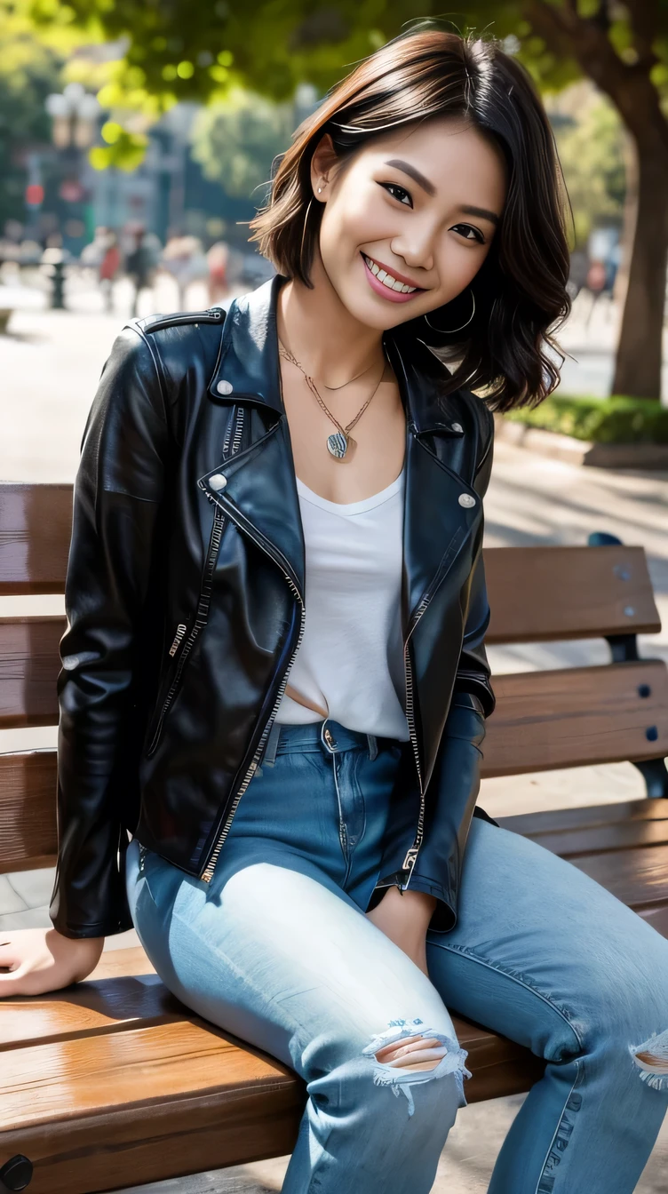 8k wallpaper, Beautiful Thai woman、Full body photo、Sitting on a park bench、、leather jacket、shirt、Skinny jeans、sneakers、Necklace around the neck、 、ear piercing、Short Haircut、Wavy Hair、smile、Beautiful teeth alignment、、it's raining