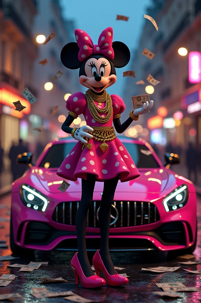 Fuchsia Minnie muse with bad luck, gold chains, gold rings, with flying bills, weapons on the ground standing next to a fuchsia Mercedes Benz car in Paris at night