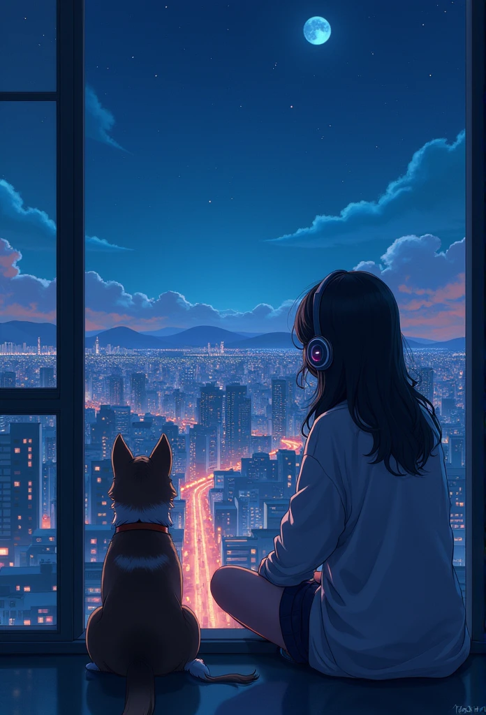 Girl sitting on balcony , Feel the view outside、look  , Focus on the night city  ,2D Game Art Styles ,Chinstill 50, Put headphones on your ears , Sing a song  , at night, Colorful animation skills, A dog is sitting next to a girl,Deep Sea Wind,LOFI