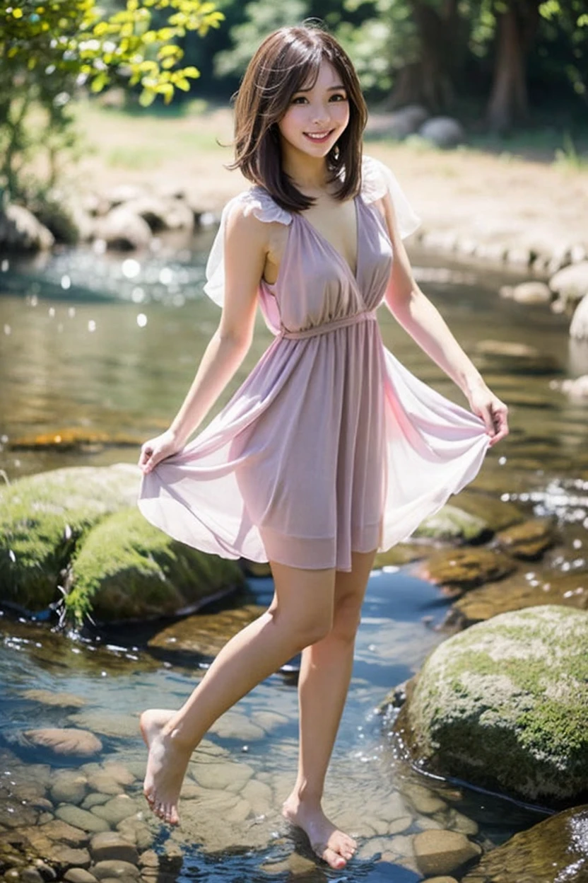 Beautiful Japanese woman standing by a stream in the forest