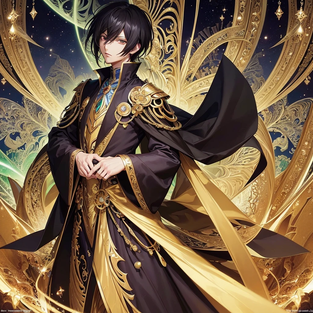 (masterpiece, top quality, best quality, official art, beautiful and aesthetic:1.2),(1man, Lelouch Lamperouge), extreme detailed,(fractal art:1.3),colorful,highest detailed, 1 man , male, gold, god, mirage