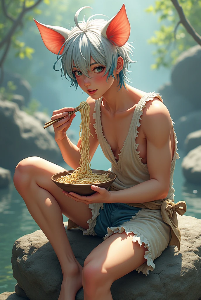 Beautiful boy with white and blue hair and brown skin, succulent and sexy and very sensual curves, rather sloppy pig cosplay with torn suit, face and facial features delicate and a little rustic and clearly blushing, very detailed, 8K, riding on a rock eating soba, a yaoi work. anime teacher