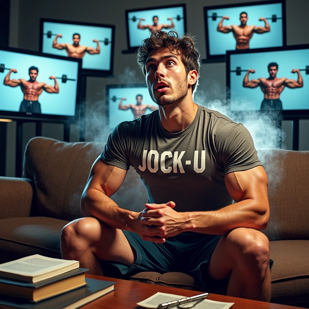 A perspiring male college student sits on a couch alone in a room whose walls are all projection screens showing bodybuilders lifting weights, throwing away books, and staring blankly ahead. The student is wearing a tight sweat-soaked shirt that says JOCK-U as he stares blankly in hypnotic stupor with mouth hanging open and slips into a dumb jock persona, flexing both biceps as he grows more masculine. Big biceps. Big triceps. Big traps. Broad shoulders. Broad chest. Thin vapor coming from armpits and around his head. "Bigger. Dumber. Lift. Flex. Swell. Grow. Big muscles stay. The smarts must go.... Huhuh.... Wut up, Bro?"