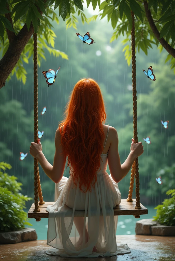 A very beautiful redhead girl, sitting on a swing in the rain, in a huge patio with trees and blue butterflies around the girl who doesn't look animated and looks realistic, but the face cannot be seen, that is from behind, and the butterflies look real