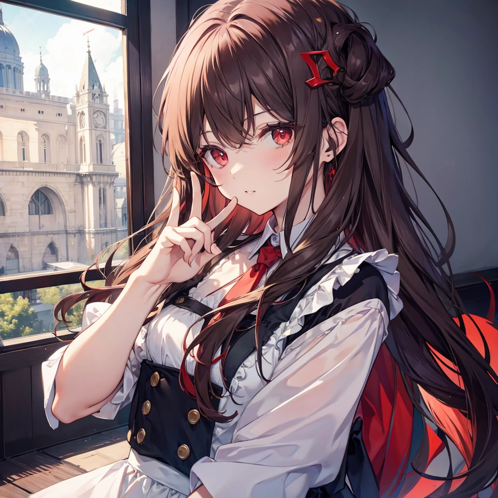 Maid clothes,Red eyes,Long Hair,Brown Hair,girl,He is making a peace sign with his left hand and looking at me.,Smooth hair,Shooting from below at an angle