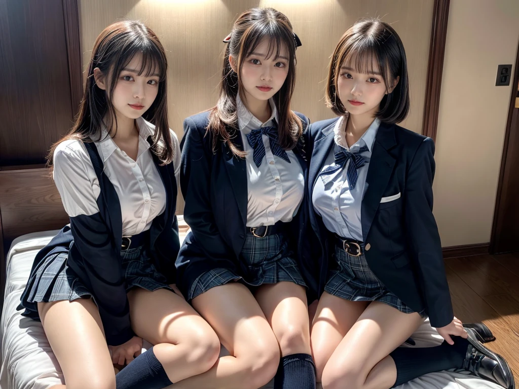 (8K, Raw photography, top-quality, masterpiece:1.2), master piece, best quality, illustration, Super detailed, fine details, High resolution, 8K,wall paper, perfect dynamic composition,(Details High quality, realistic depiction of eyes:1.3), ((2 girls, 2 schoolgirls)), The background is a luxury hotel room、High school girl uniform、blazer 、Super Short Check Uniform Skirt、Navy blue high socks、garterbelts、Colossal tits、Disturbed uniform, Play with each other,Touching each other's bodies,Touching the body of the girl next door, short bob hair, black hair color, huge breasts, Big Natural Color Lip, bold sexy pose, (perfect body shape), crying a little、cold gaze, Beautiful makeup,glitter makeup,Cutest 18 years old, beautiful legs, hposing Gravure Idol, Voluptuous thighs